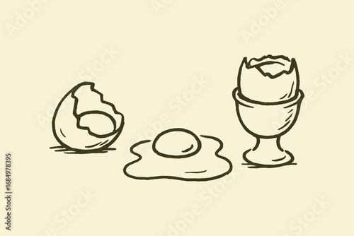 Eggs set sketch outline boiled fried shell vector illustration