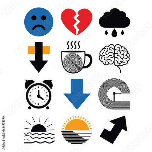 Black and white stylized abstract bundle with sad face, broken heart, cloud, coffee, brain, arrow, alarm, treadmill, sun, and motivation icons