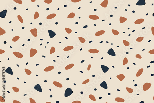 Seamless terrazzo pattern with abstract shapes in beige brown and navy background