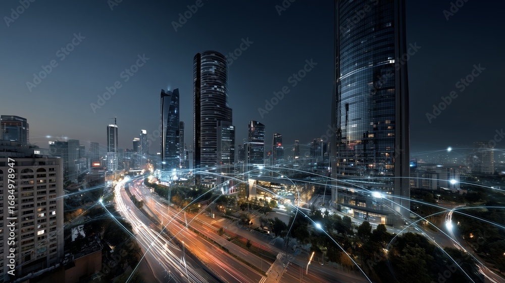 Obraz premium Urban skyline at night with illuminated buildings and light trails creating dynamic city atmosphere