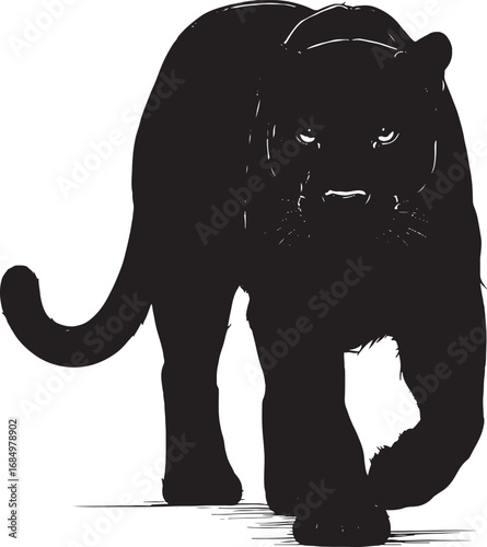 Majestic Black Panther Stalking Forward Silhouette Illustration in Vector Graphic Style Wildlife and Nature Design Element