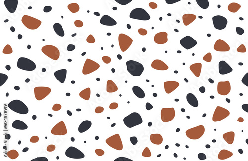 Seamless terrazzo pattern with dark grey and rust colored chips background texture