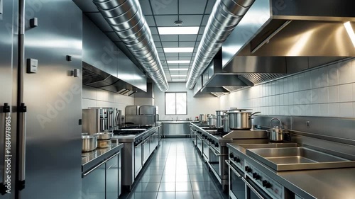 Large industrial kitchen interior with stainless steel equipment, cooking stations, and modern ventilation system