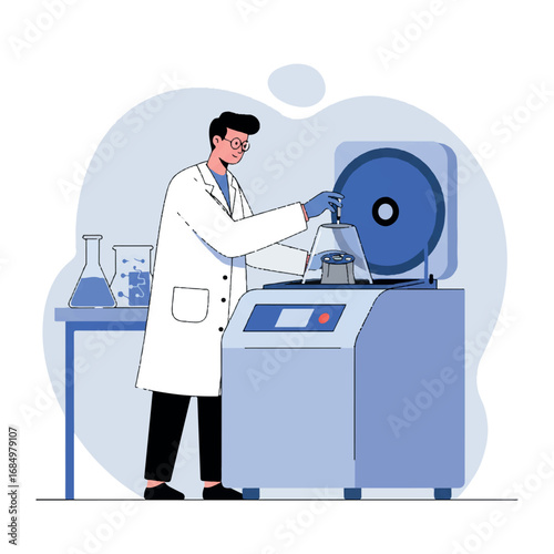 A focused doctor operates a centrifuge in a clean clinical research laboratory, depicted in a minimalist 2D flat vector illustration style.