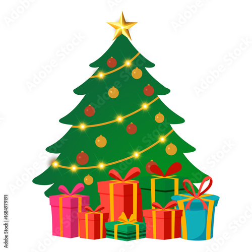 Christmas tree with lights and gifts