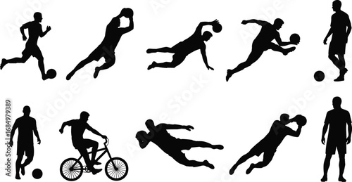 Silhouettes of athletes in soccer and cycling action poses for sports design, motion reference, athletic illustration, and vector content use