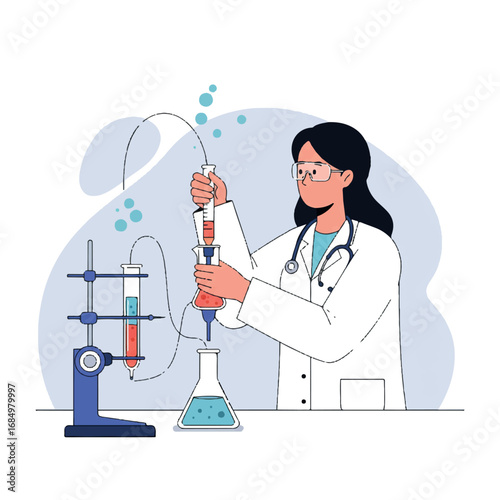 Female doctor performing a precise chemical titration using a beaker and burette with laboratory equipment, depicted in a clean 2D flat vector illustration style.