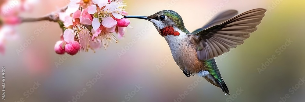 Naklejka premium A Colorful Hummingbird in Flight, Gracefully Sipping Nectar from Vibrant Pink Flowers in Springtime