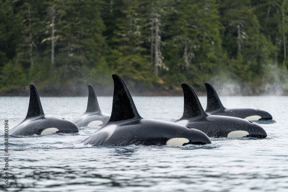 Obraz premium A group of killer whales emerge from water near a forested shoreline, showing dorsal fins