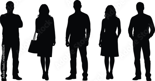 Silhouettes of five diverse individuals standing in a row for vector illustration, posture study, demographic design and character modeling