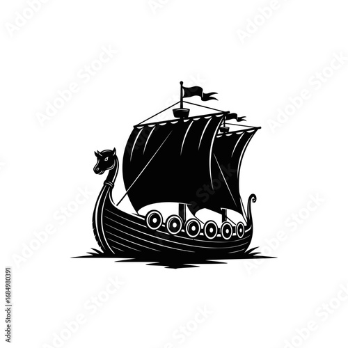 Black silhouette of a viking longship sailing on water isolated on white background silhouette
