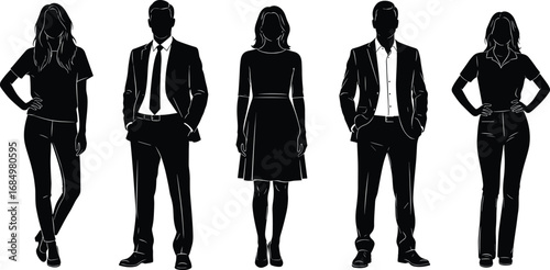 Silhouettes of individuals in casual and professional attire standing in varied poses for fashion reference, posture study and vector design use
