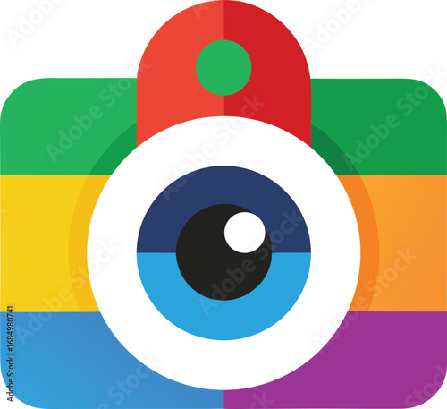 Vibrant flat icon of a camera with a rainbowcolored body and lens