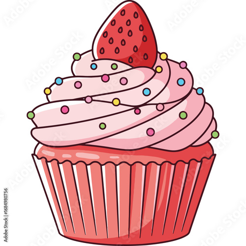 Delicious dessert - pink cupcake with strawberries and cream, great for cafes, restaurants and food related websites, apps and print media.