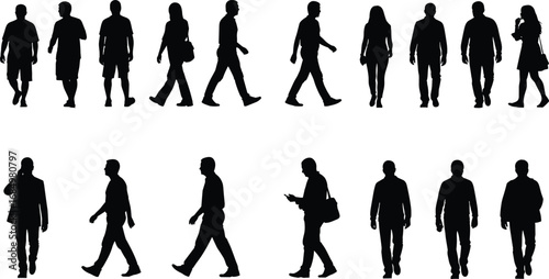 Silhouettes of people walking and standing in casual poses with bags and phones for lifestyle design, posture reference and vector use