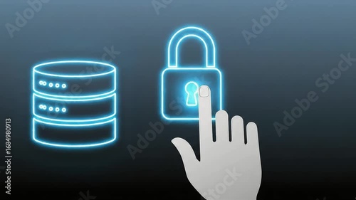 A user's hand interacts with a glowing neon interface to unlock a secure database, symbolizing cybersecurity, data protection, and information privacy