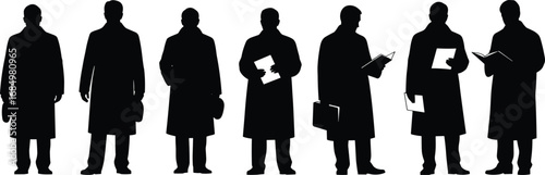 Silhouettes of professionals in long coats holding briefcases, folders and clipboards for vector illustration, academic and business themes