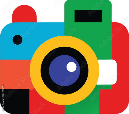 Colorful abstract camera icon with a blue lens and red body