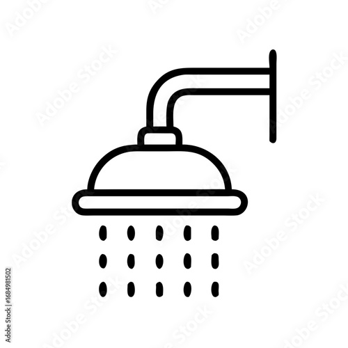 Simple black line icon of a shower head with water drops falling, representing hygiene, cleanliness, or bathroom utilities.
