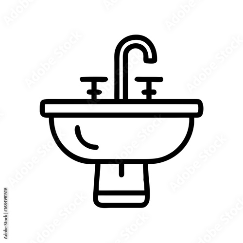 Simple black outline icon of a bathroom sink with faucet and handles, symbolizing cleanliness, plumbing, and home hygiene.
