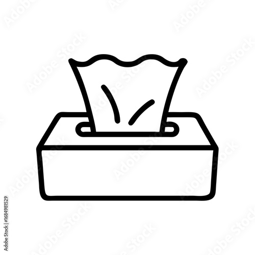 Black line icon of a rectangular tissue box with paper pulled out, symbolizing hygiene, illness care, or daily grooming.
