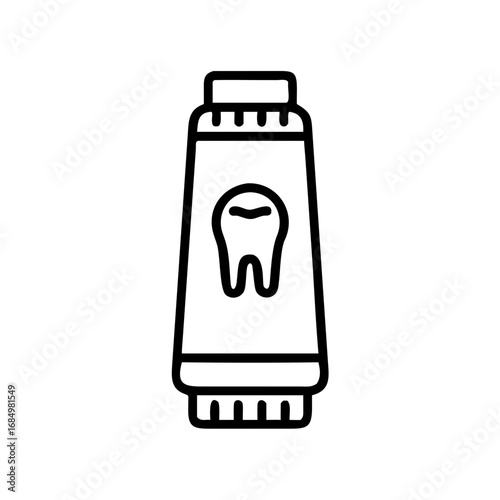 Black line art of a toothpaste tube featuring a tooth icon, ideal for dental, hygiene, or healthcare visuals and apps.
