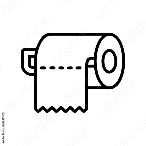 Minimal black outline icon of a toilet paper roll, commonly used for bathroom, hygiene, or sanitation related visuals.
