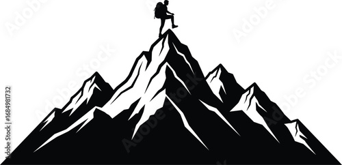 Triumphant hiker silhouette on mountain peak in black and white vector style symbolizing achievement, adventure, perseverance and outdoor exploration