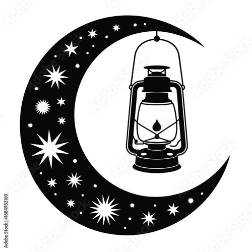 Black and white vector illustration of crescent moon with hanging lantern in minimal style for night, festival, and decoration