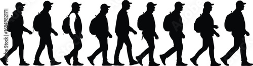Walking cycle silhouette of person with backpack and cap in stride sequence for vector illustration, motion analysis and character design