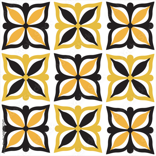 Vector ethnic beautiful floral mesh ornament yellow and black stars. Elegant lines of royal floral ornament on white background.	
