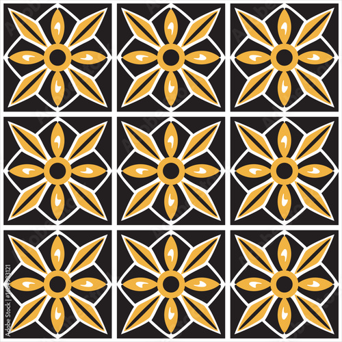 Vector beautiful dark ornament with yellow flowers. Elegant lines of royal floral ornament on a white background.