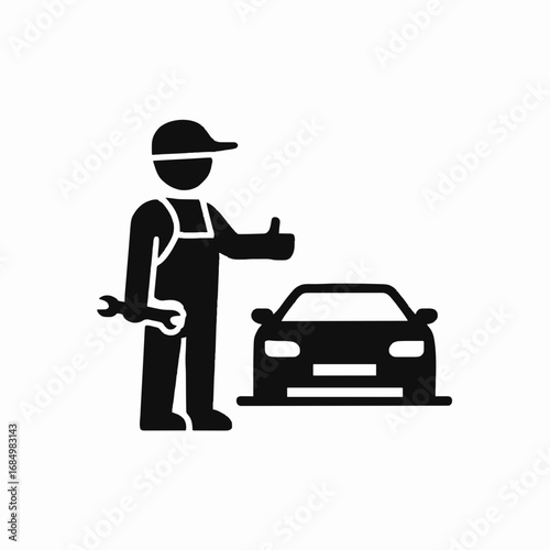 Black and white icon of a mechanic in cap and overalls holding a wrench and giving a thumbs‑up beside a car, symbolizing auto repair, maintenance, and customer satisfaction in service industries.