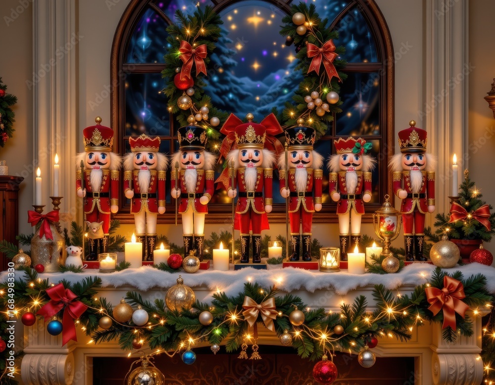 Obraz premium a magical holiday display of multiple nutcracker soldiers standing on a mantel with twinkling fairy lights pine garlands candles ornaments and festive ribbons for christmas cheer