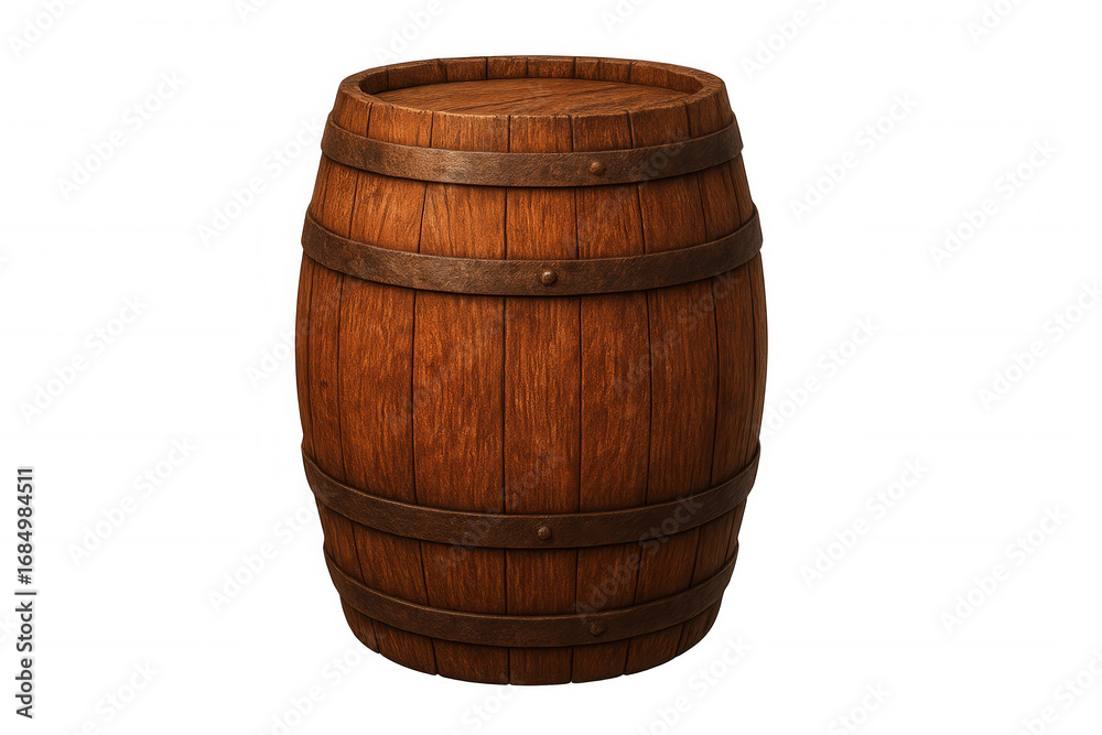 Fototapeta premium Vintage wooden barrel with rustic metal bands, showcasing traditional craftsmanship for beverage and storage design concepts