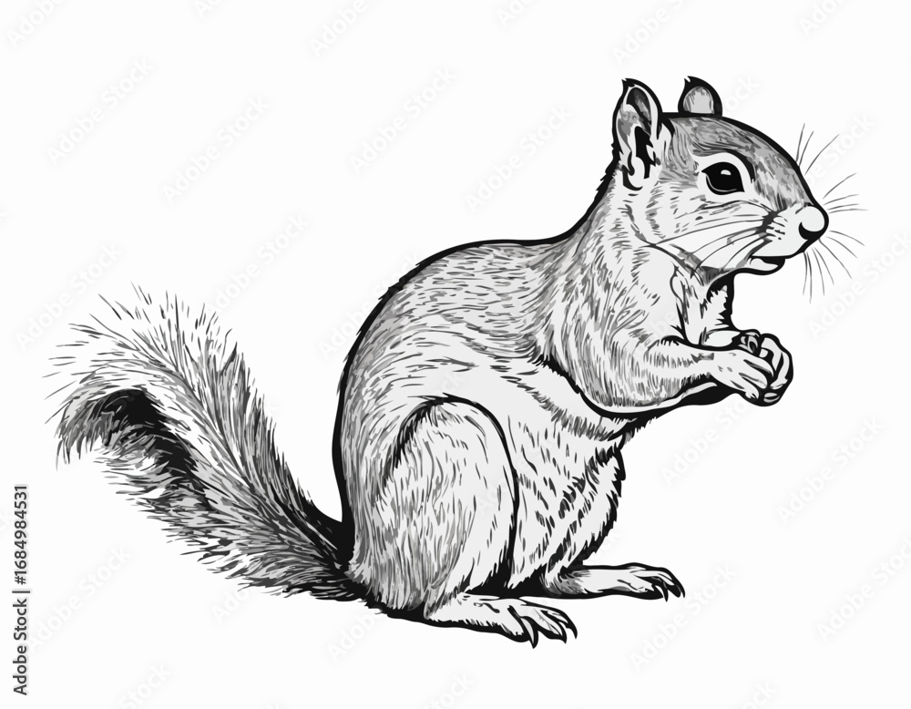 Fototapeta premium Squirrel sitting sketch hand drawn engraved style Vector illustration.