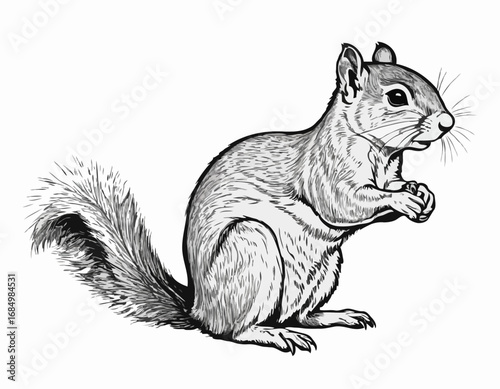 Squirrel sitting sketch hand drawn engraved style Vector illustration.