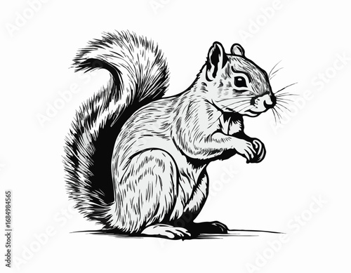 Squirrel sitting sketch hand drawn engraved style Vector illustration.