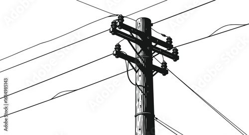 Black and white utility pole illustration, minimalist electric pole drawing, high contrast vector, engineering graphic, electricity infrastructure diagram