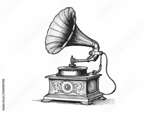 Musical gramophone sketch hand drawn vintage Vector illustration