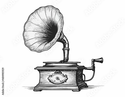Musical gramophone sketch hand drawn vintage Vector illustration