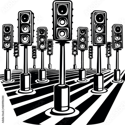 Black and white graphic of traffic lights and speakers abstract