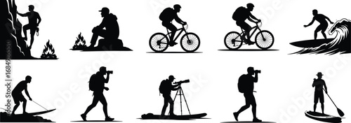 Adventure silhouette, hiking, camping, cycling, surfing, paddle boarding, outdoor photography, travel lifestyle, extreme sports, mountain climbing, black vector illustration