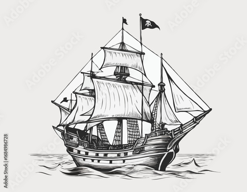 Pirate ship sailboat retro sketch hand drawn engraving style Vector illustration