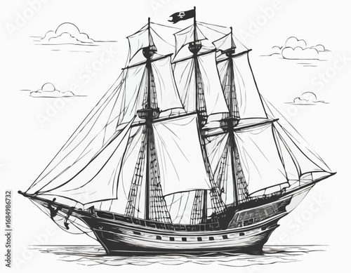 Pirate ship sailboat retro sketch hand drawn engraving style Vector illustration