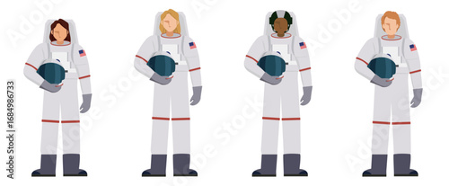 Set of flat illustrations of woman astronauts of various races. Diverse Astronauts Flat Design Vector Illustration.