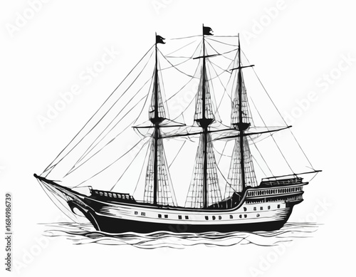 Pirate ship sailboat retro sketch hand drawn engraving style Vector illustration