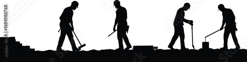 Construction workers silhouette, men working with tools, laborers at site, teamwork, building industry, manual work, urban development, engineering, structure design