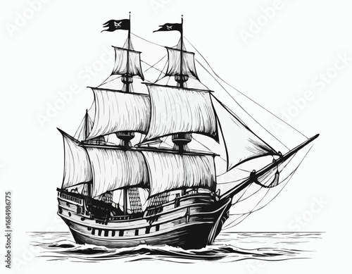 Pirate ship sailboat retro sketch hand drawn engraving style Vector illustration