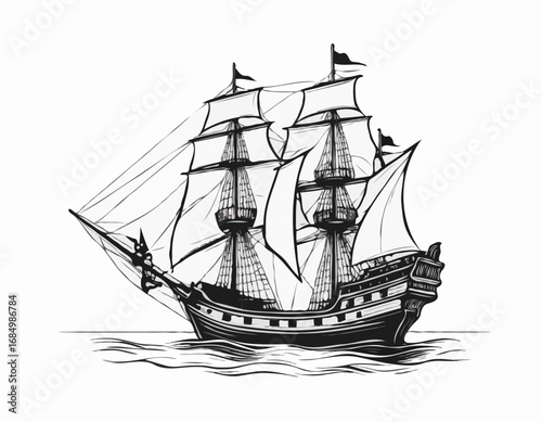Pirate ship sailboat retro sketch hand drawn engraving style Vector illustration